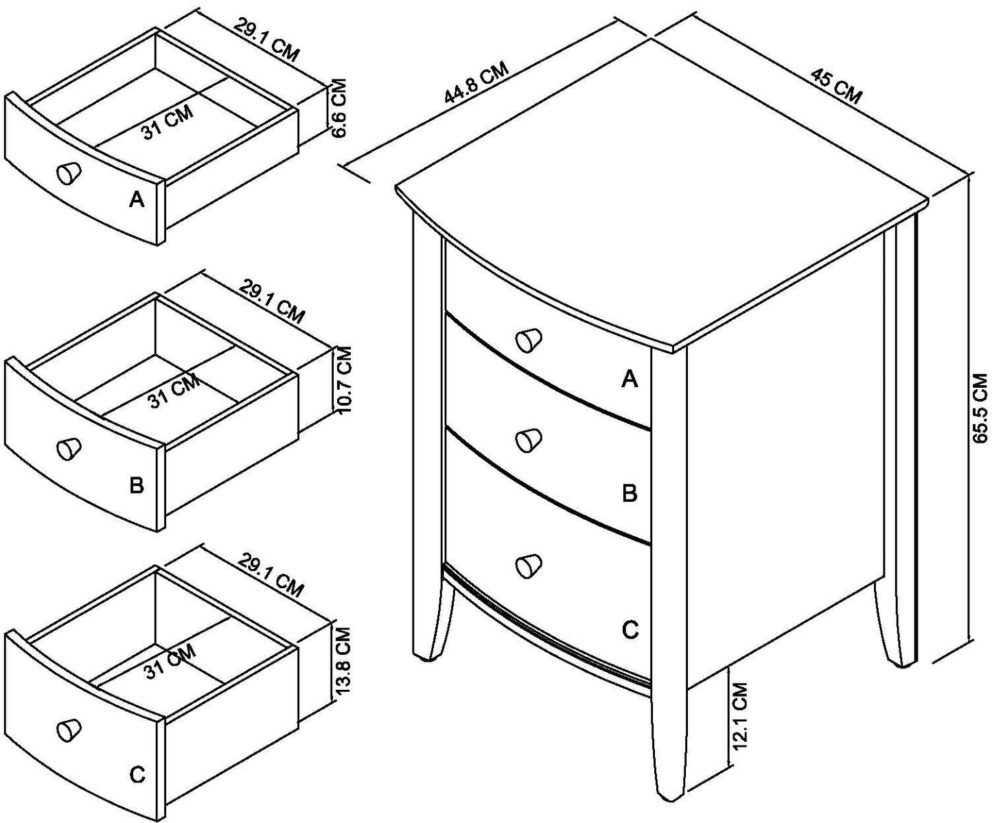 GUIA 3 DRAWER NIGHTSTAND